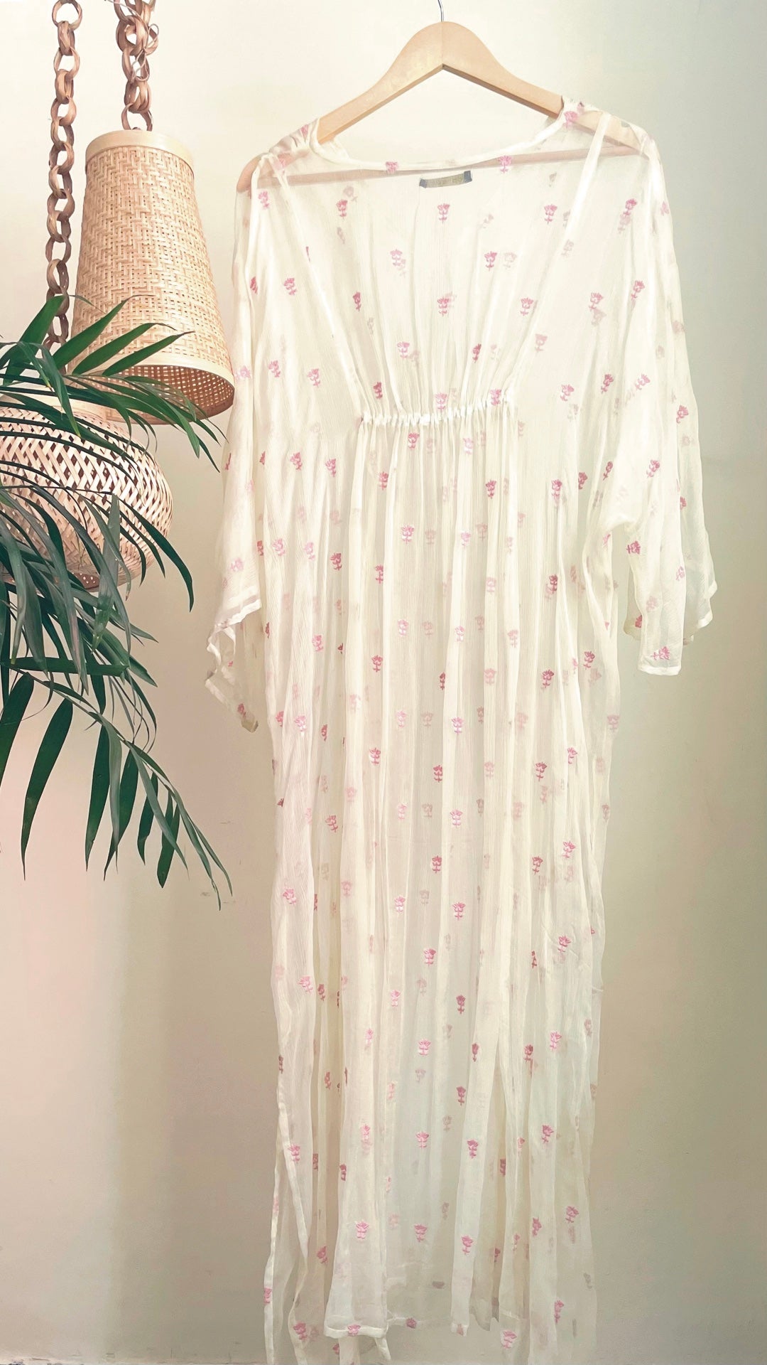 Lemon chiffon kaftan with pink embroidered motifs by Kapraaha - view 3