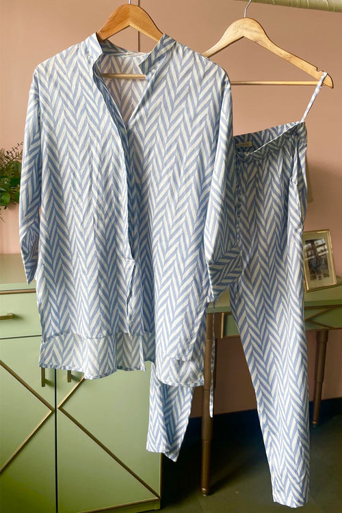 Blue Chevron Cotton Co-ord Set (Set of Two) by Kapraaha - view 1