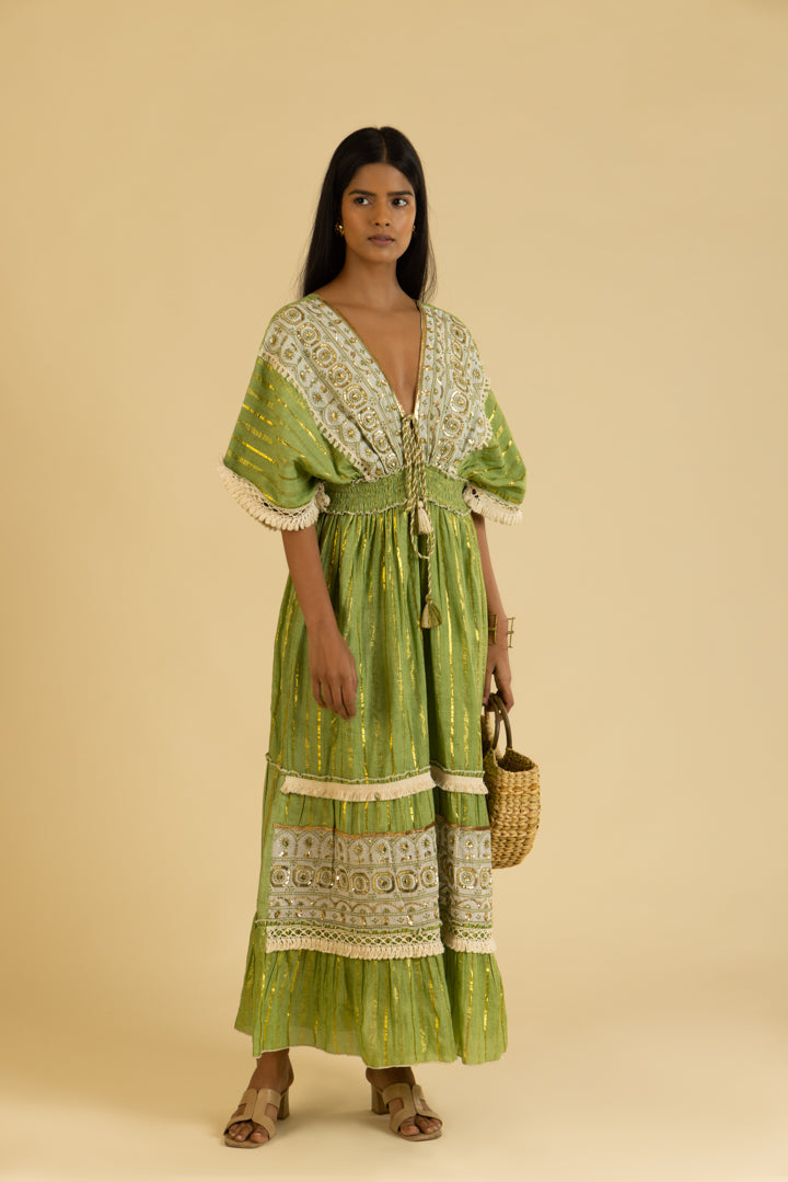 Zoya Laced Boho Green Kaftan-Style Resort Maxi