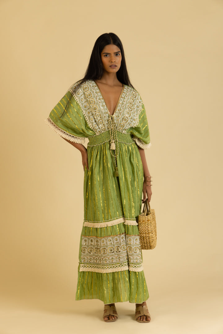 Zoya Laced Boho Green Kaftan-Style Resort Maxi by Label Reyya - view 3