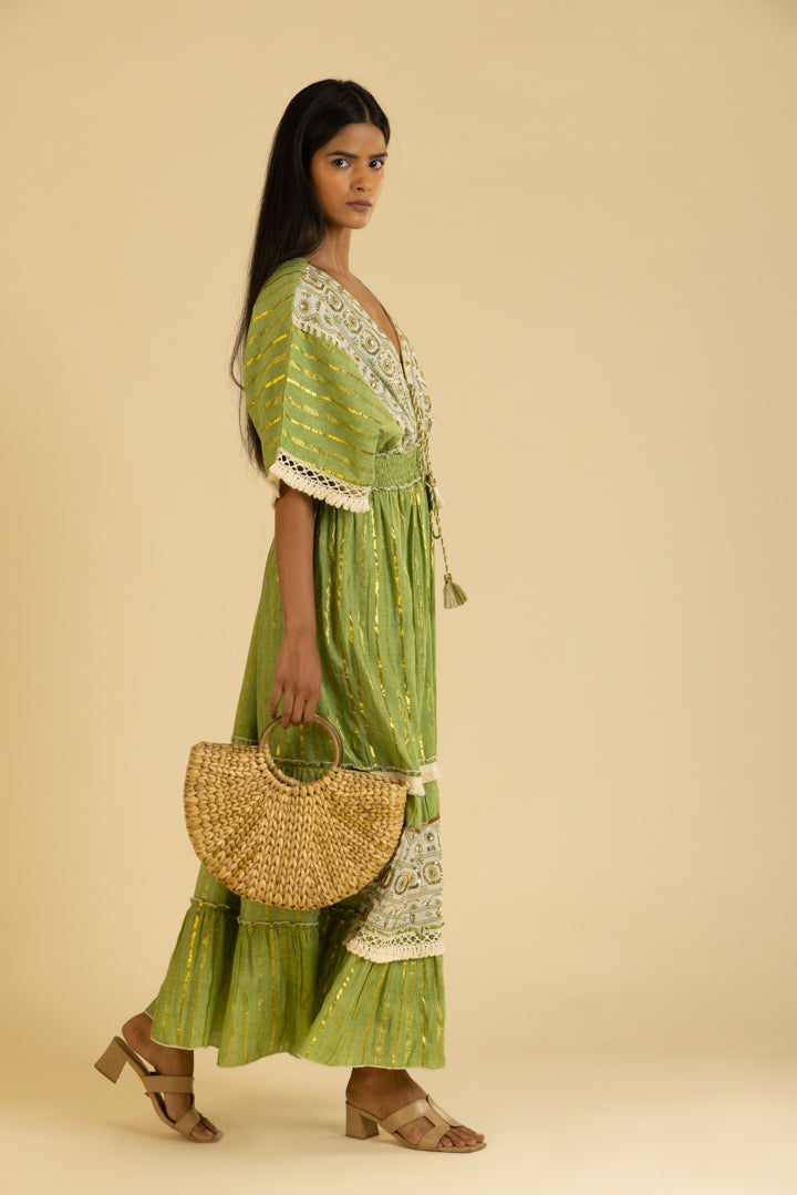 Zoya Laced Boho Green Kaftan-Style Resort Maxi by Label Reyya - view 5