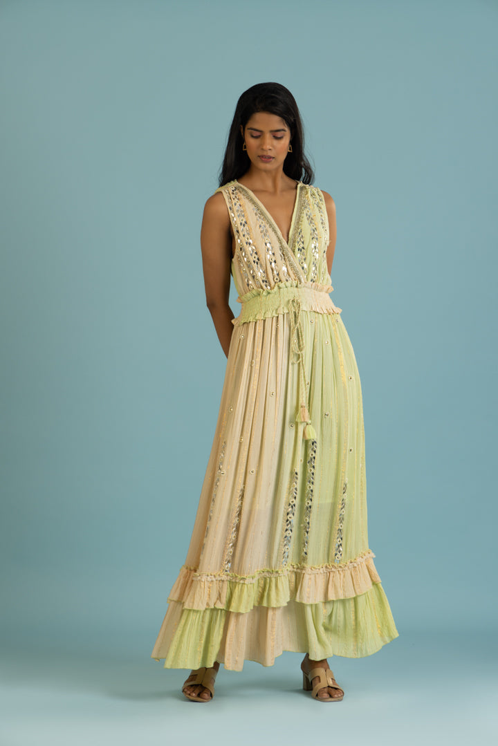 Nicola Cross-Neck mirror Work Green Summer Maxi by Label Reyya - view 4