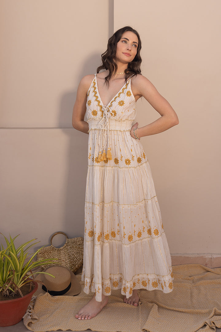 Noura Embroidered White Boho Strapy Maxi by Label Reyya - view 4
