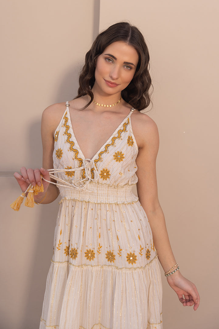 Noura Embroidered White Boho Strapy Maxi by Label Reyya - view 5