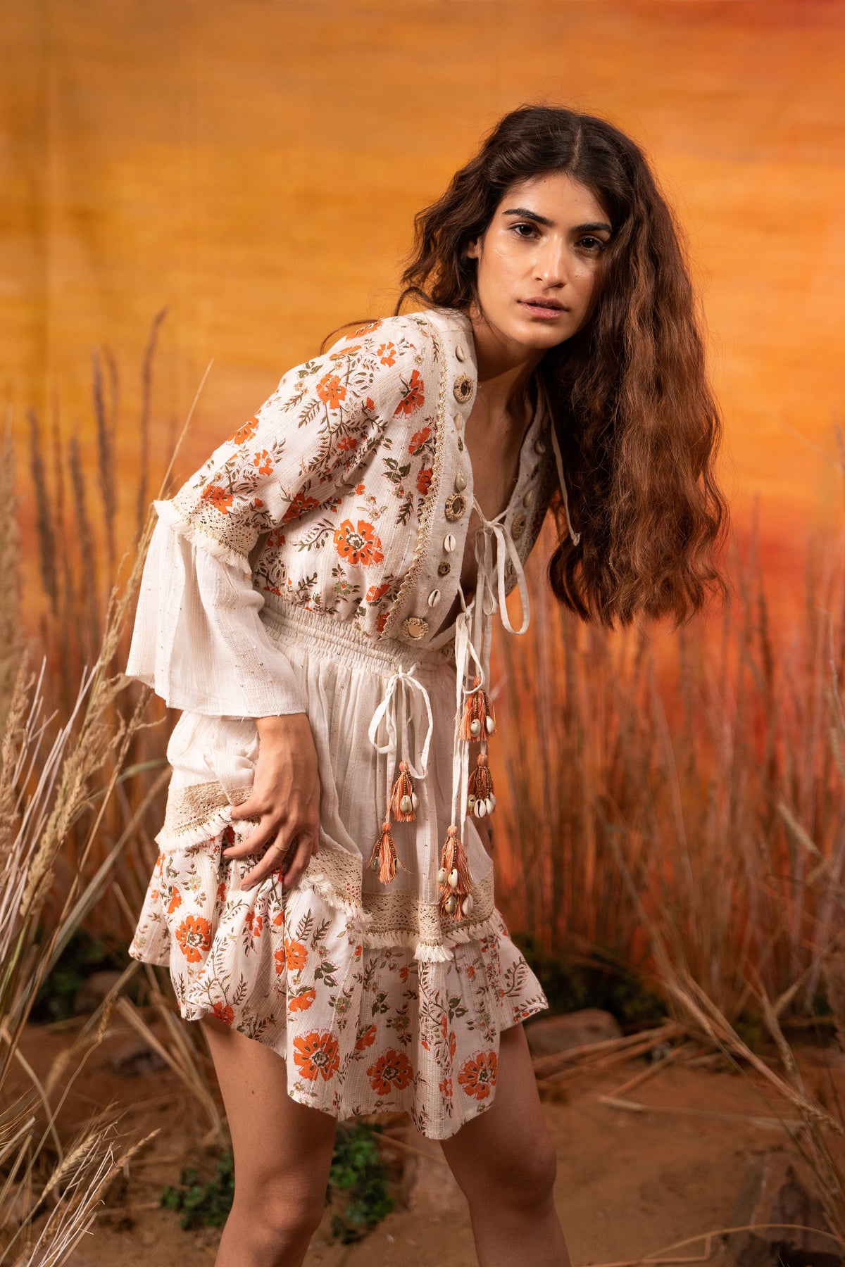Boho White Shell Dress — Orange