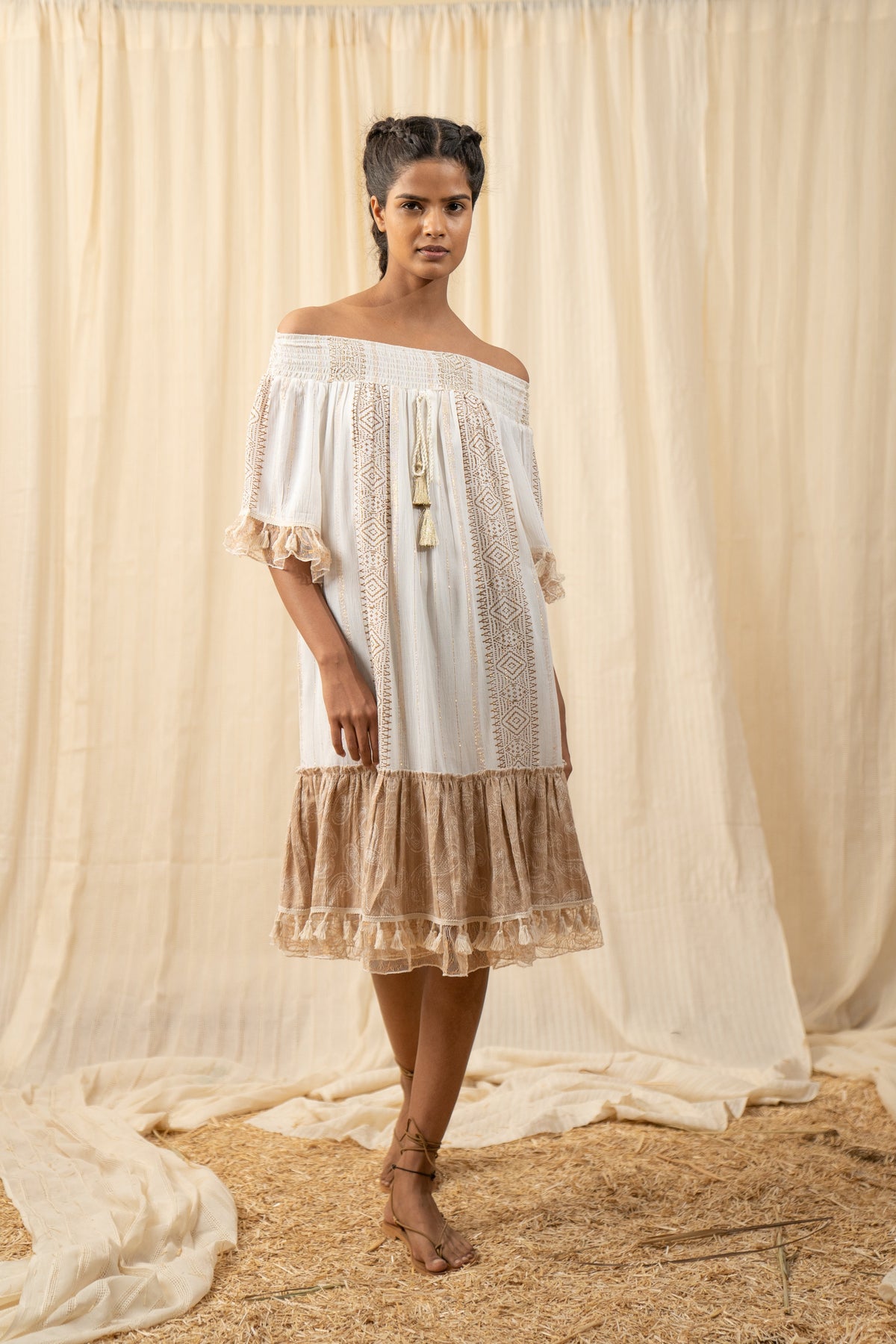 Afro Beige And White Smocked Dress — Off White