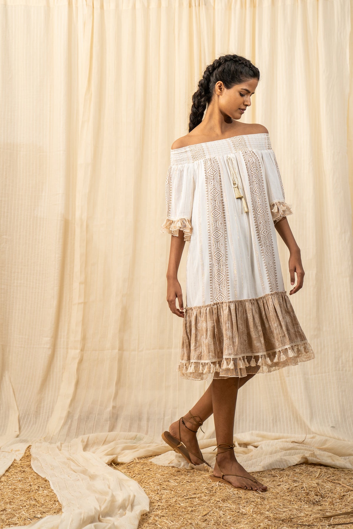 Afro Beige And White Smocked Dress — Off White