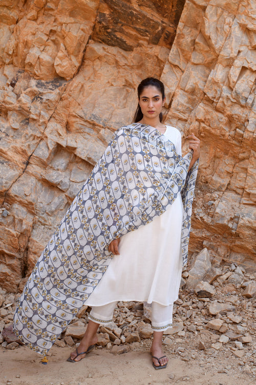 Hand Block-Printed organza dupatta-Blue (only Dupatta) by Kapraaha - view 1