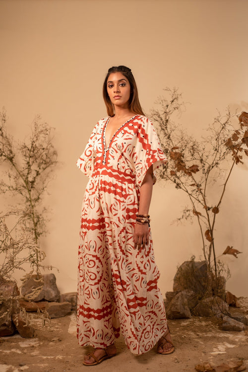 Beige And Rust Tribal Jumpsuit by Label Reyya - view 1