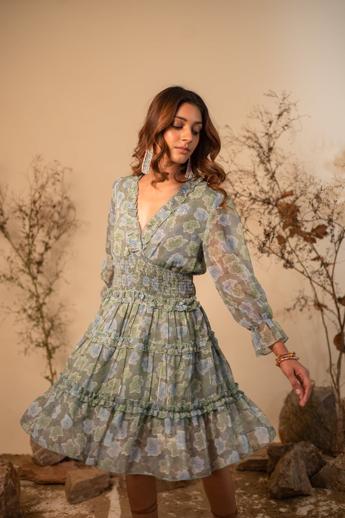 Floral Sage Green Printed Ruffle Dress by Label Reyya - view 4