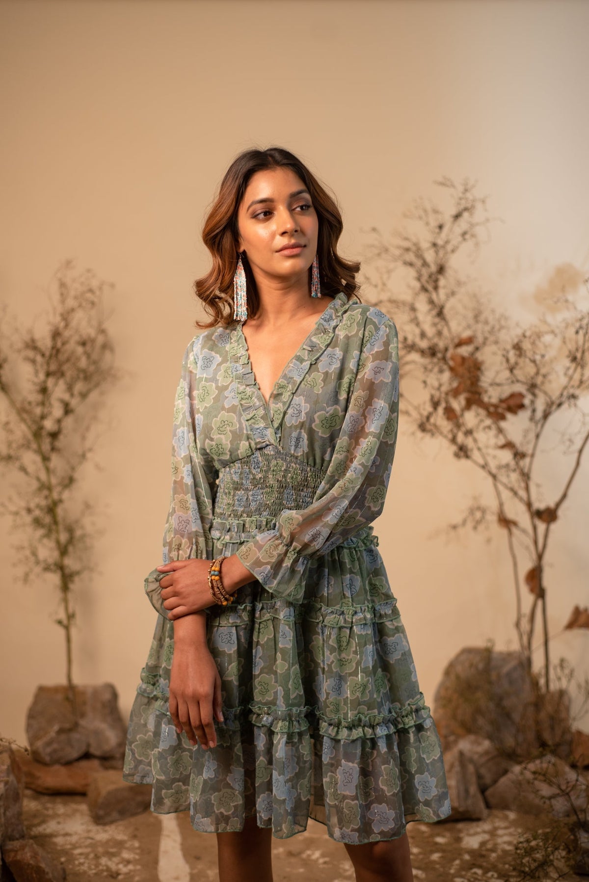 Floral Sage Green Printed Ruffle Dress by Label Reyya - view 5