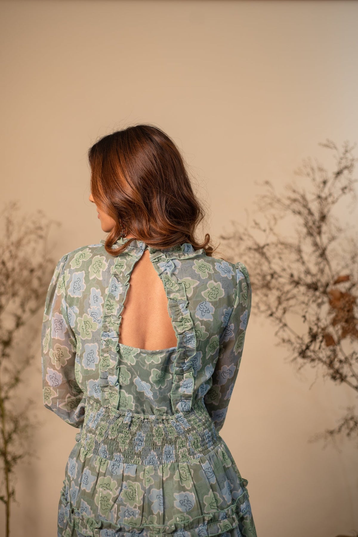 Floral Sage Green Printed Ruffle Dress by Label Reyya - view 6
