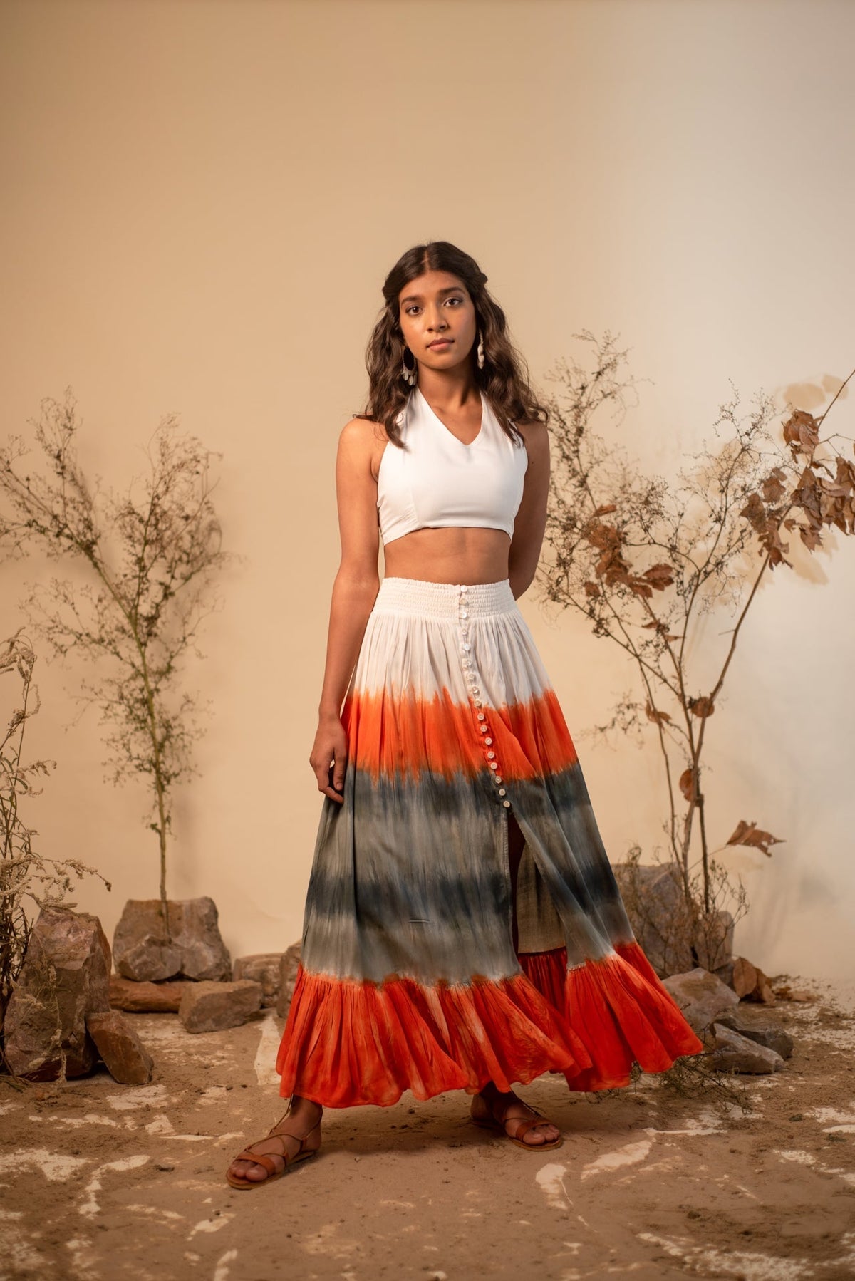 Halter Neck Top And Tie-Dye Skirt Co-Ord Set (Set of 2) — White