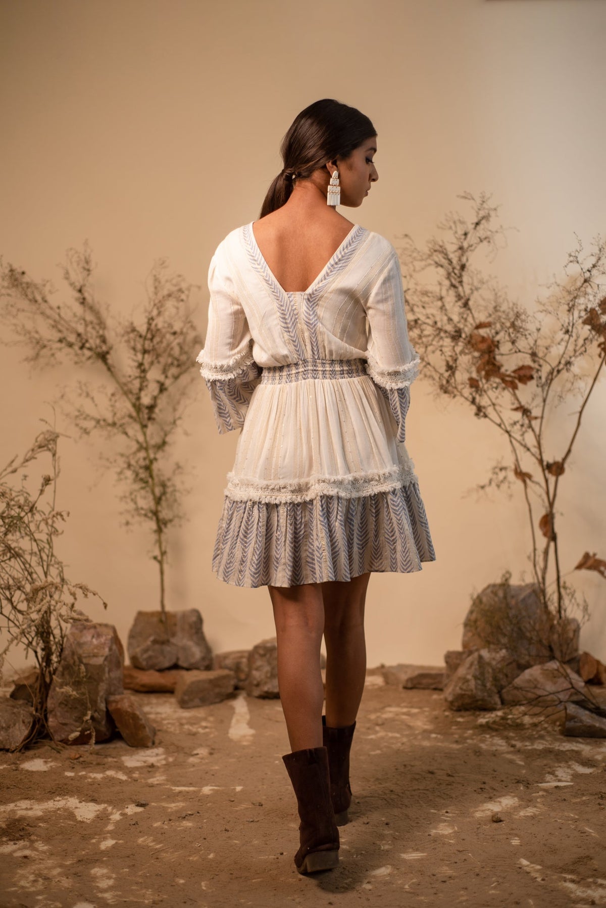 Blue And White  V Neck Dress by Label Reyya - view 3
