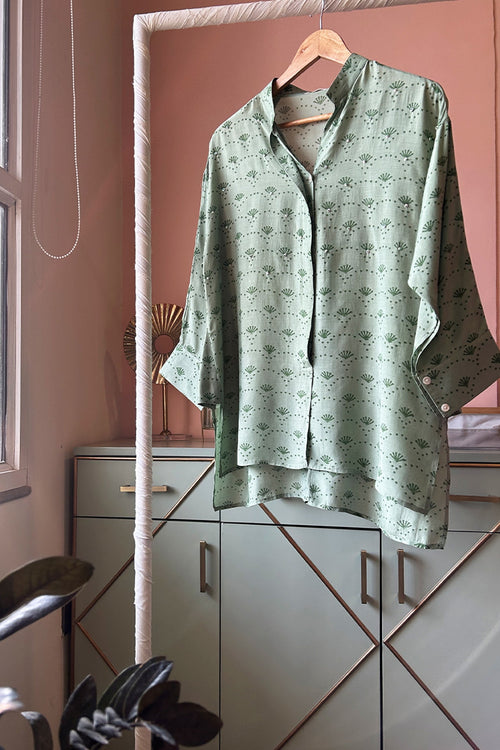 Soft Green Hand-Printed Muslin Shirt by Kapraaha - view 1