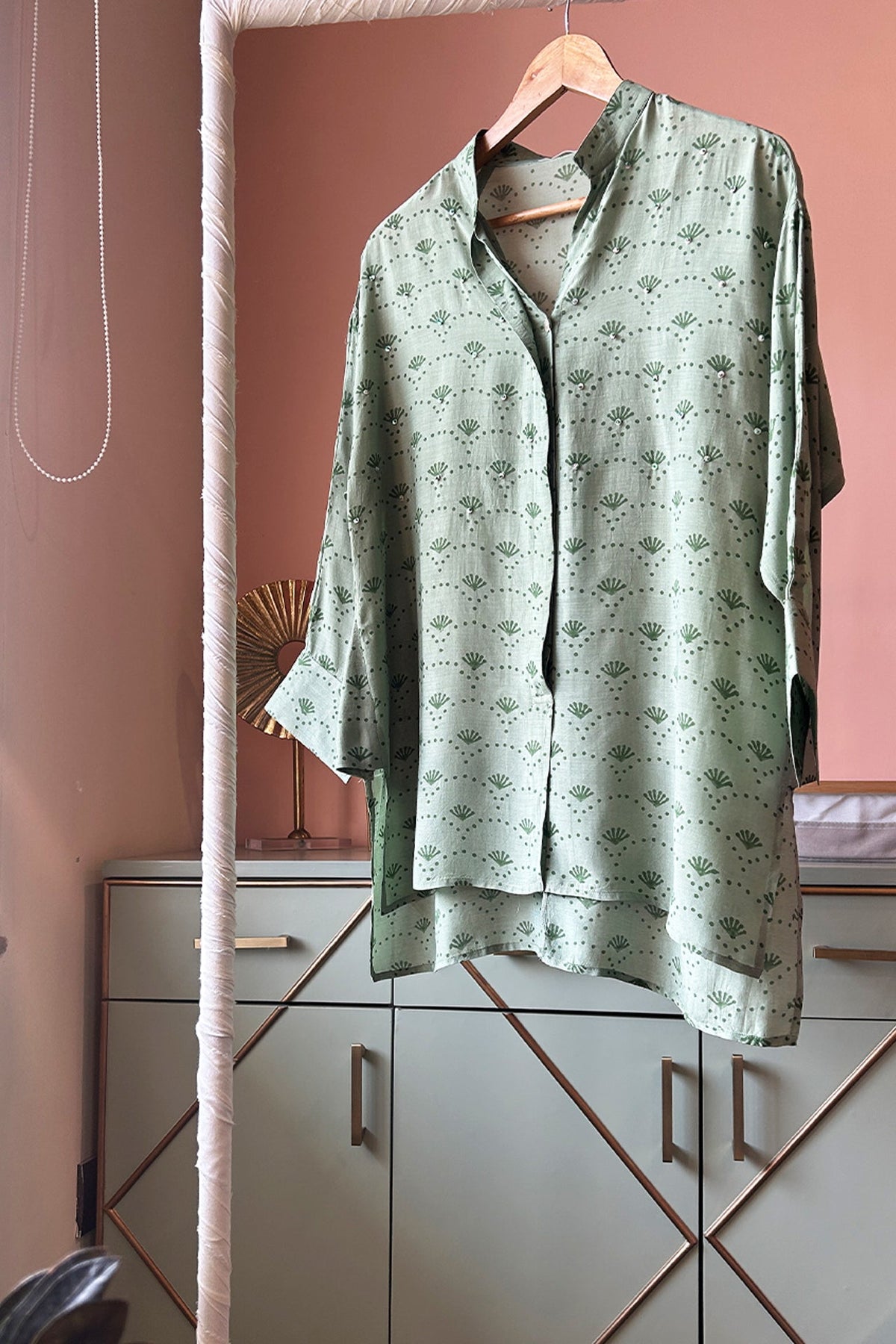 Soft Green Hand-Printed Muslin Shirt by Kapraaha - view 3