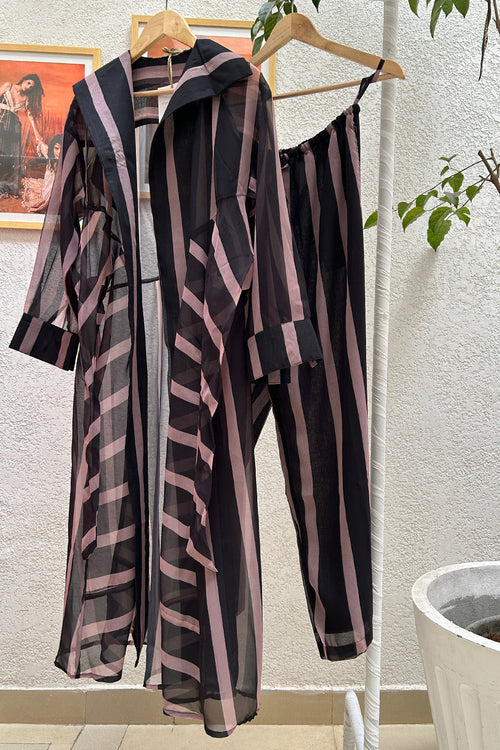 Black Striped Georgette Jacket (Set of Two) by Kapraaha - view 1