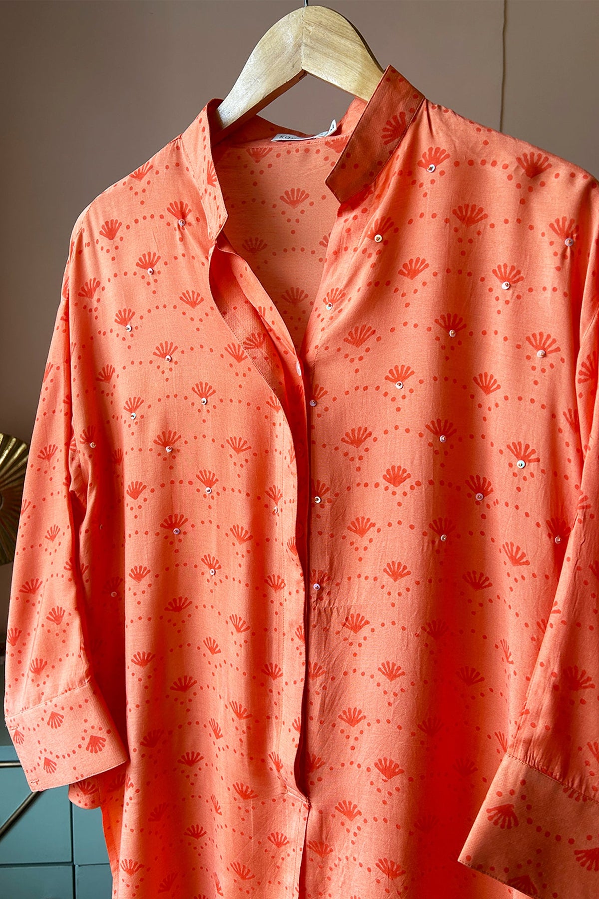 Light Orange Hand-Printed Muslin Shirt by Kapraaha - view 3