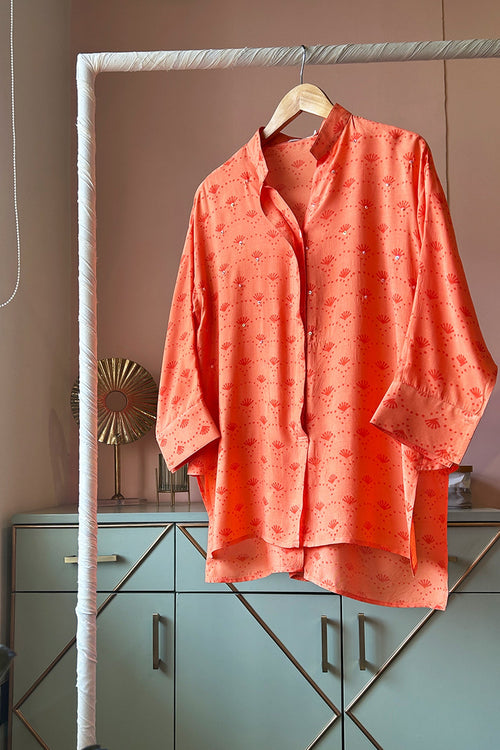Light Orange Hand-Printed Muslin Shirt by Kapraaha - view 1