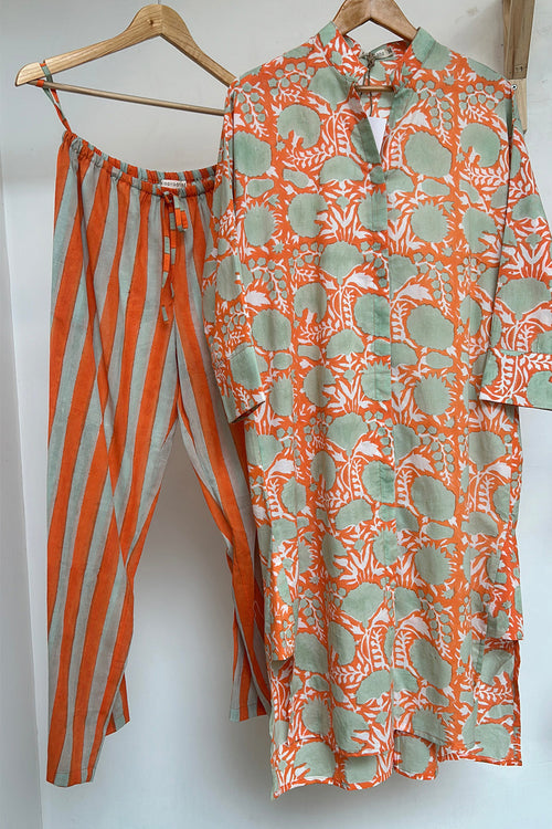 Orange Floral Cotton Tunic Co-Ord Set (Set of Two) by Kapraaha - view 1