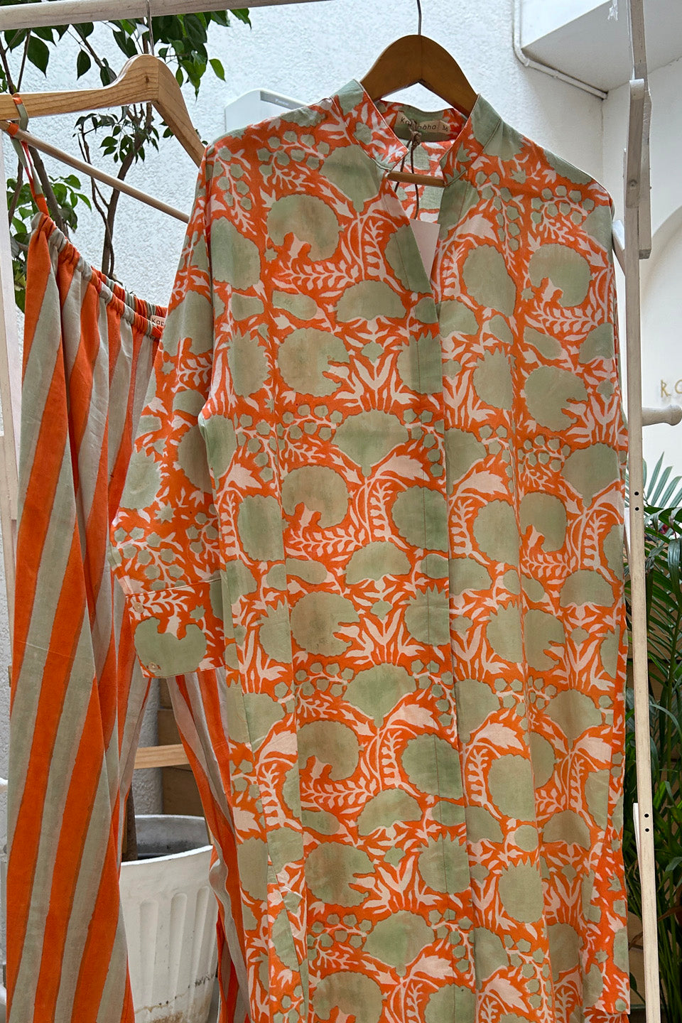 Orange Floral Cotton Tunic Co-Ord Set (Set of Two) by Kapraaha - view 5