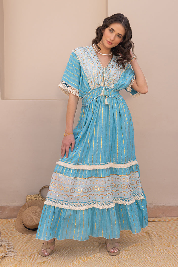 Zoya Laced Boho Blue Kaftan-Style Resort Maxi
