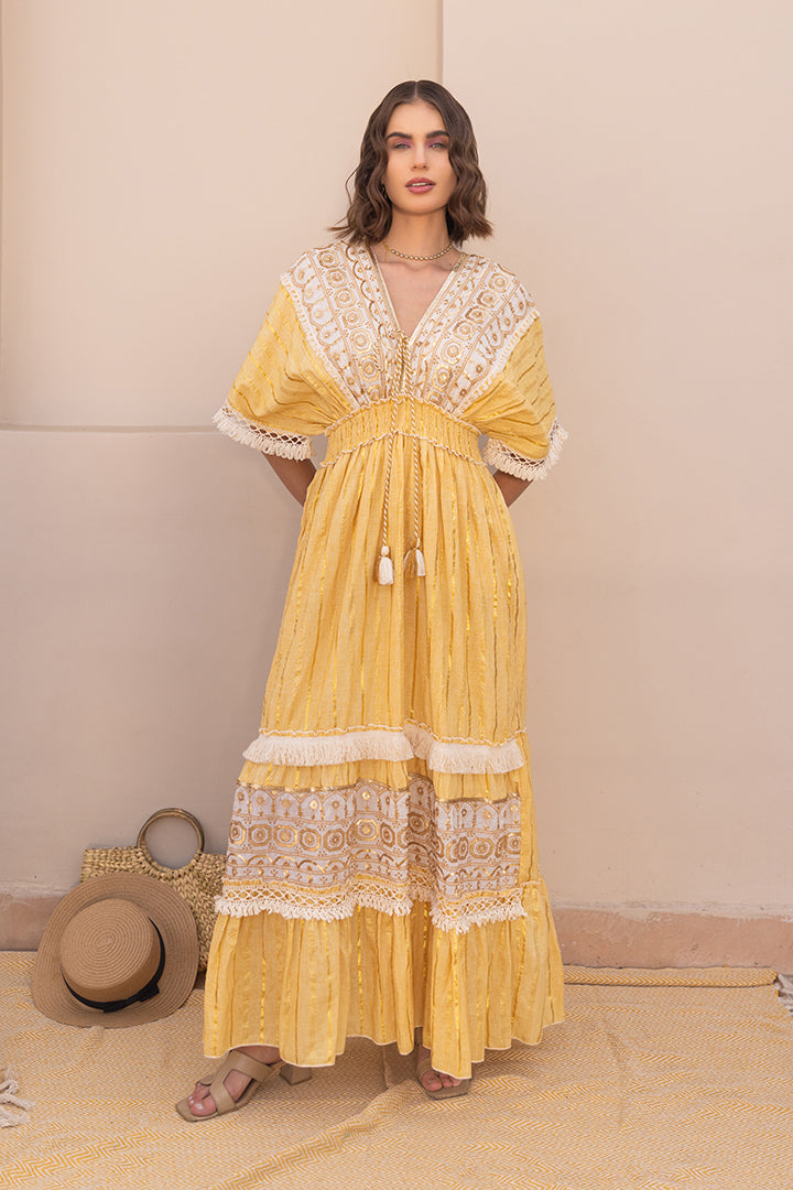 Zoya Laced Boho Kaftan-Style Resort Maxi — Yellow