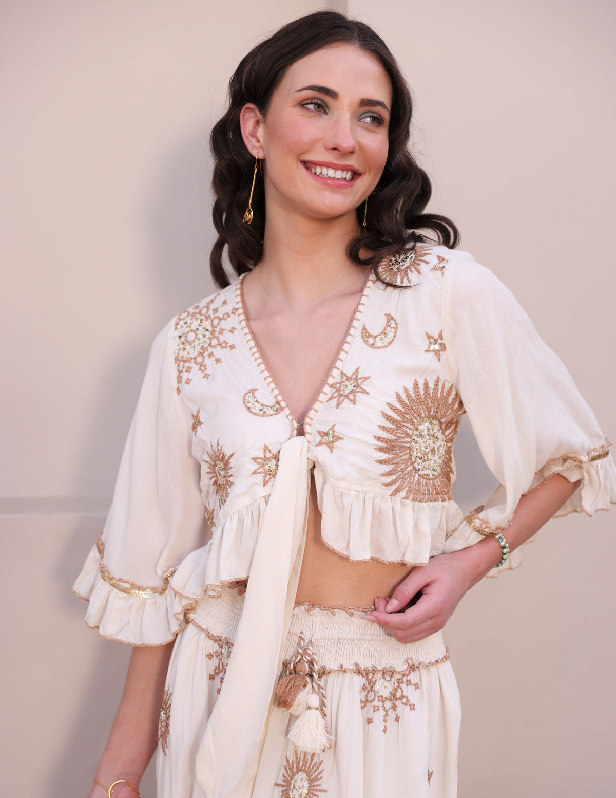 Zivaya Boho Ruffle Blouse & Skirt Cord-set — White