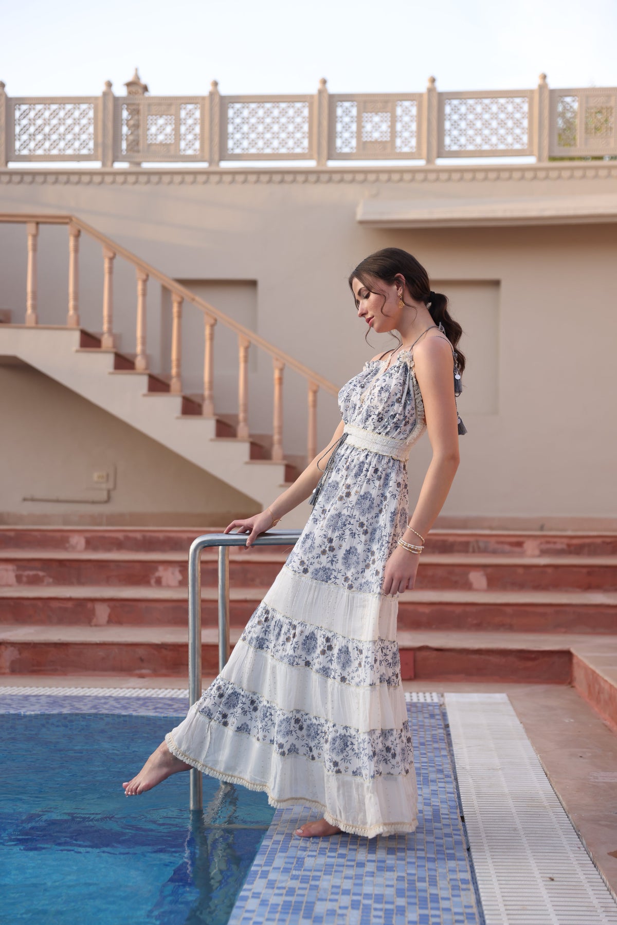 Boho Off-White & Blue Tie-Up Maxi by Label Reyya - view 5