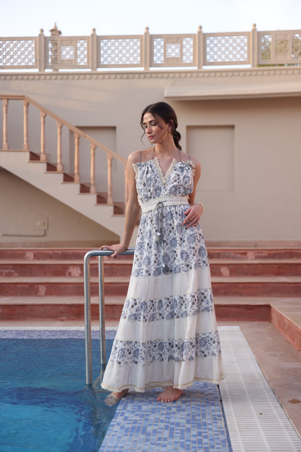 Boho Off-White & Blue Tie-Up Maxi by Label Reyya - view 3
