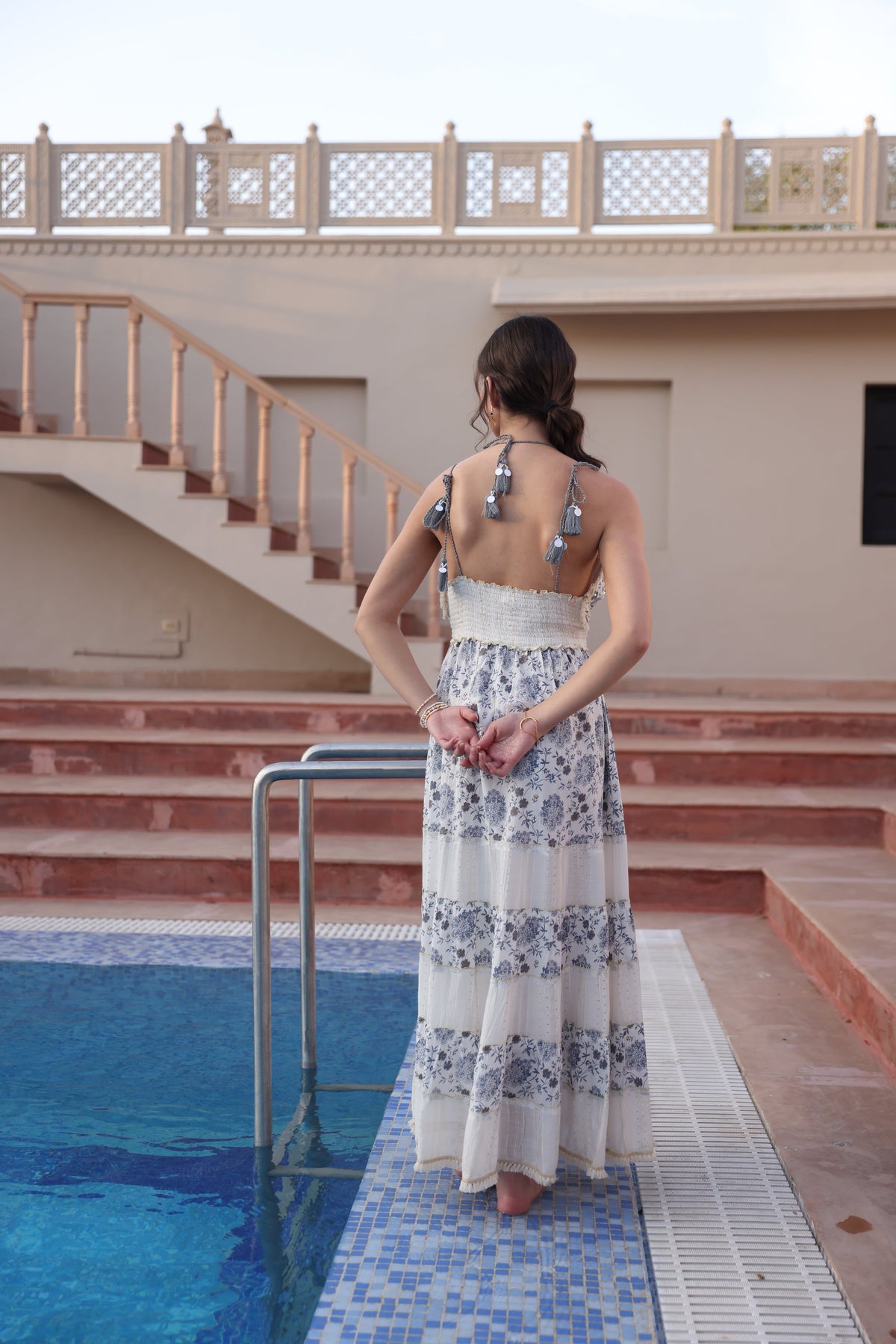 Boho Off-White & Blue Tie-Up Maxi by Label Reyya - view 4
