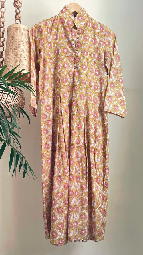 Mustard and Pink Floral Block Printed Maxi by Kapraaha - view 1