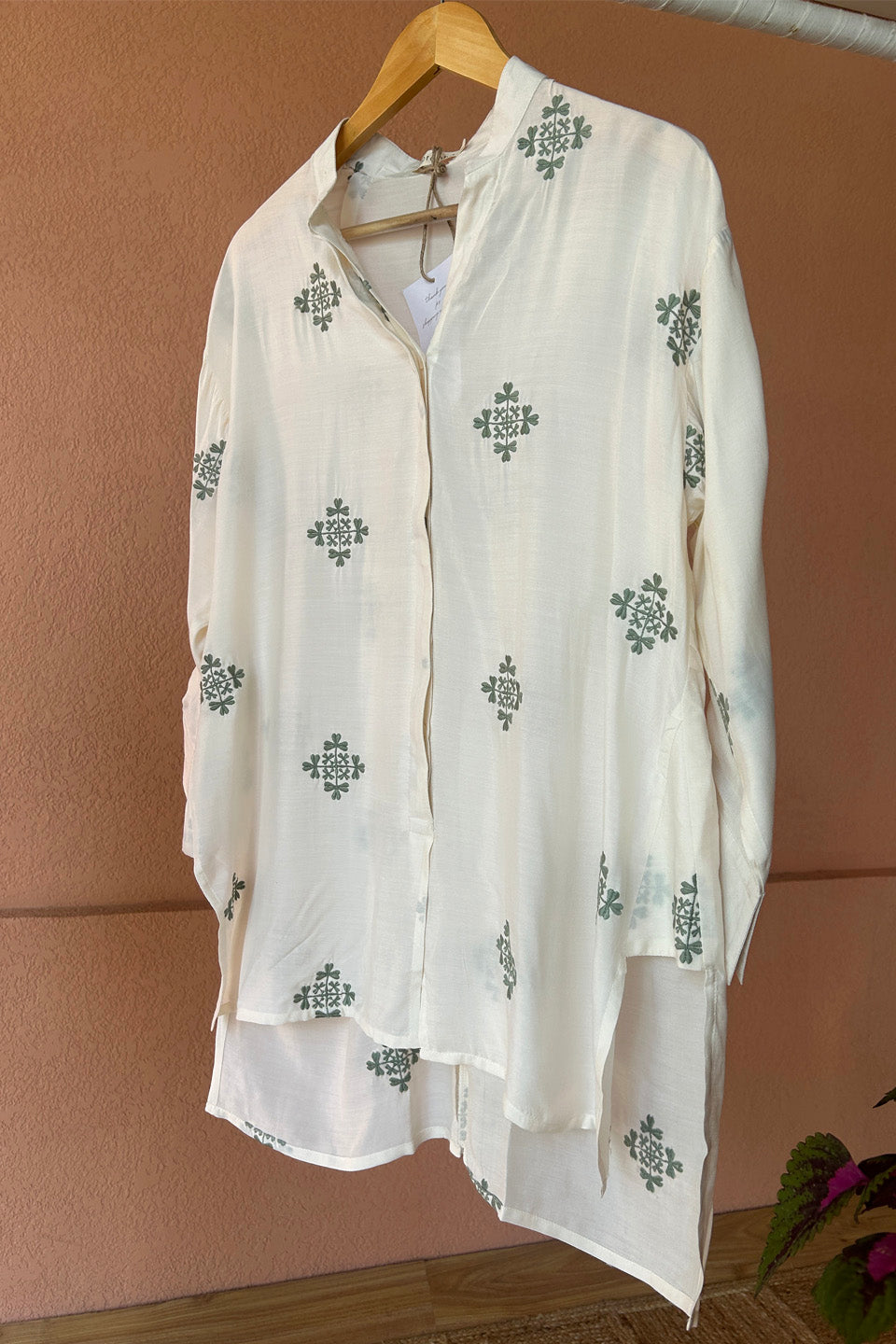 Ivory Green Embroidered Muslin Shirt