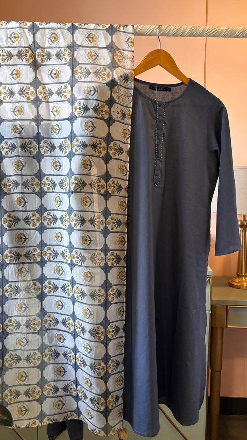 Navy Cotton Suit Set With Organza Printed Dupatta (Set Of Three) by Kapraaha - view 1