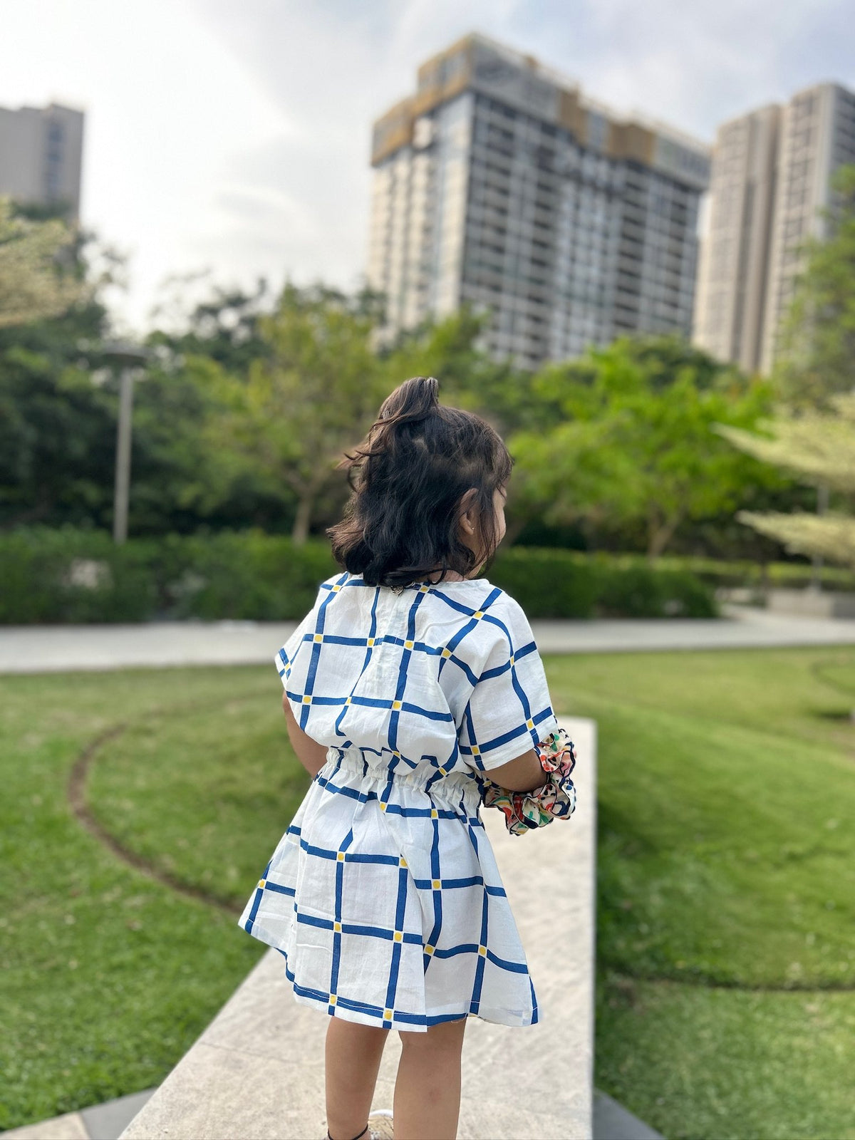 Basic Tribe Checkmate Blue Checked Cotton Dress for Girls