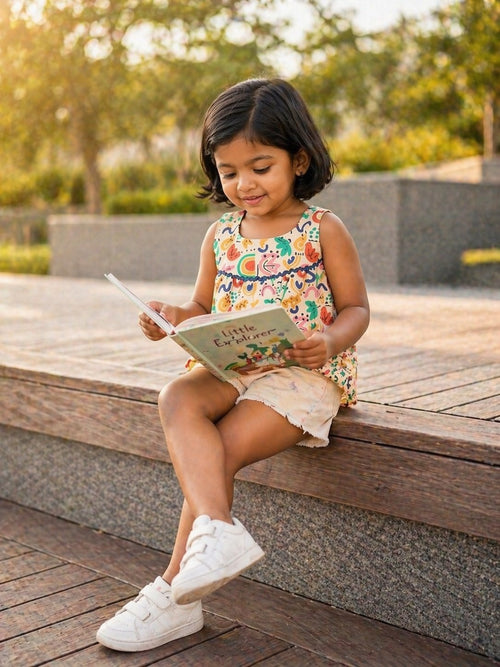 Girl reading outdoors in Basic Tribe Masakkali sleeveless multicolour printed cotton top