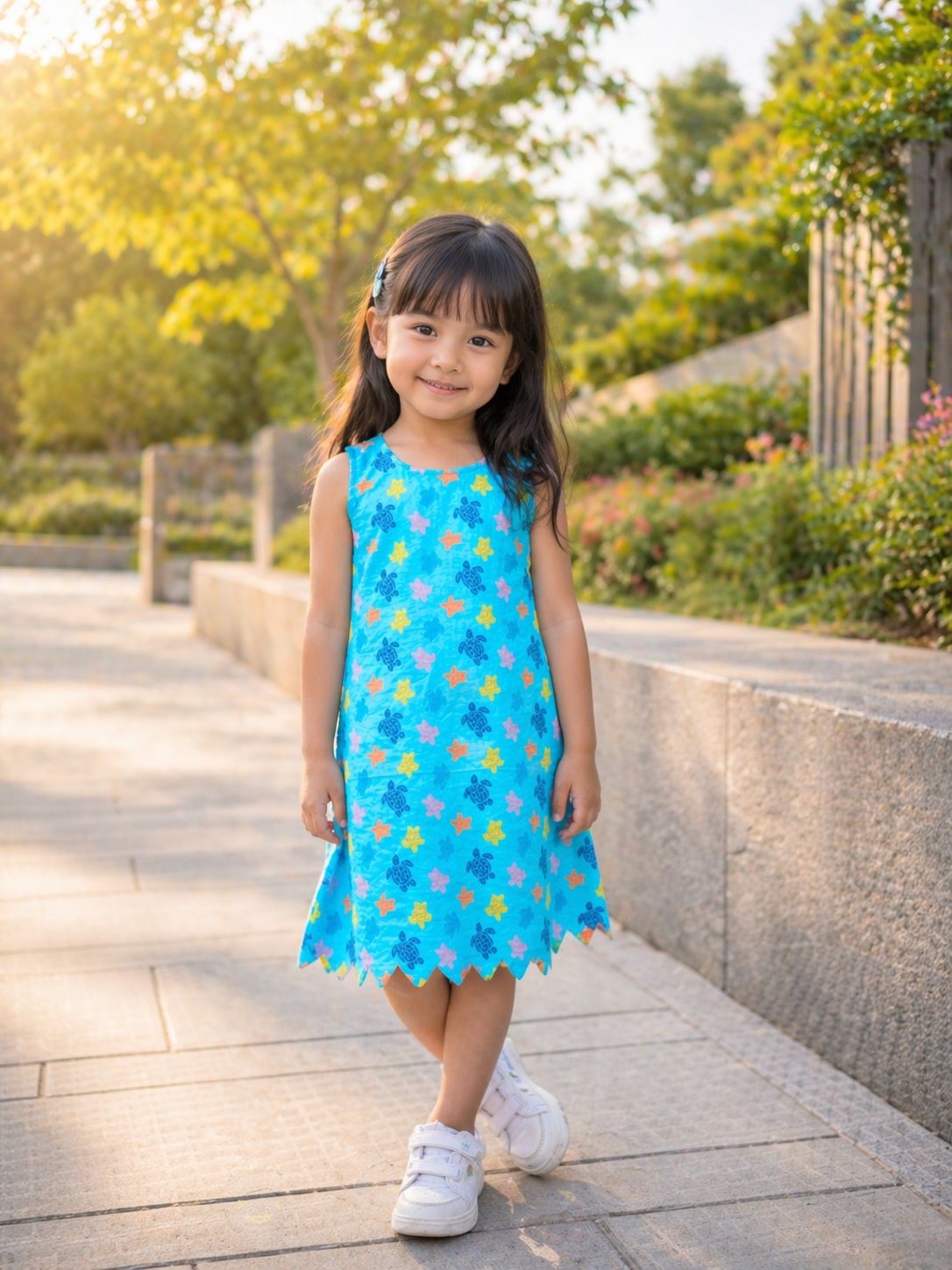 Basic Tribe Nila Blue Floral Cotton Dress for Girls