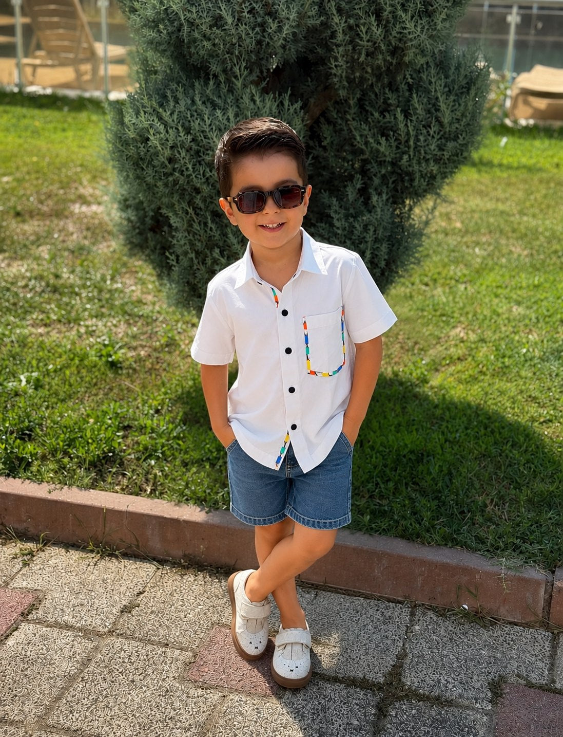 Basic Tribe Poppins White Cotton Shirt with Multicolour Piping for Boys — White with multicolour piping