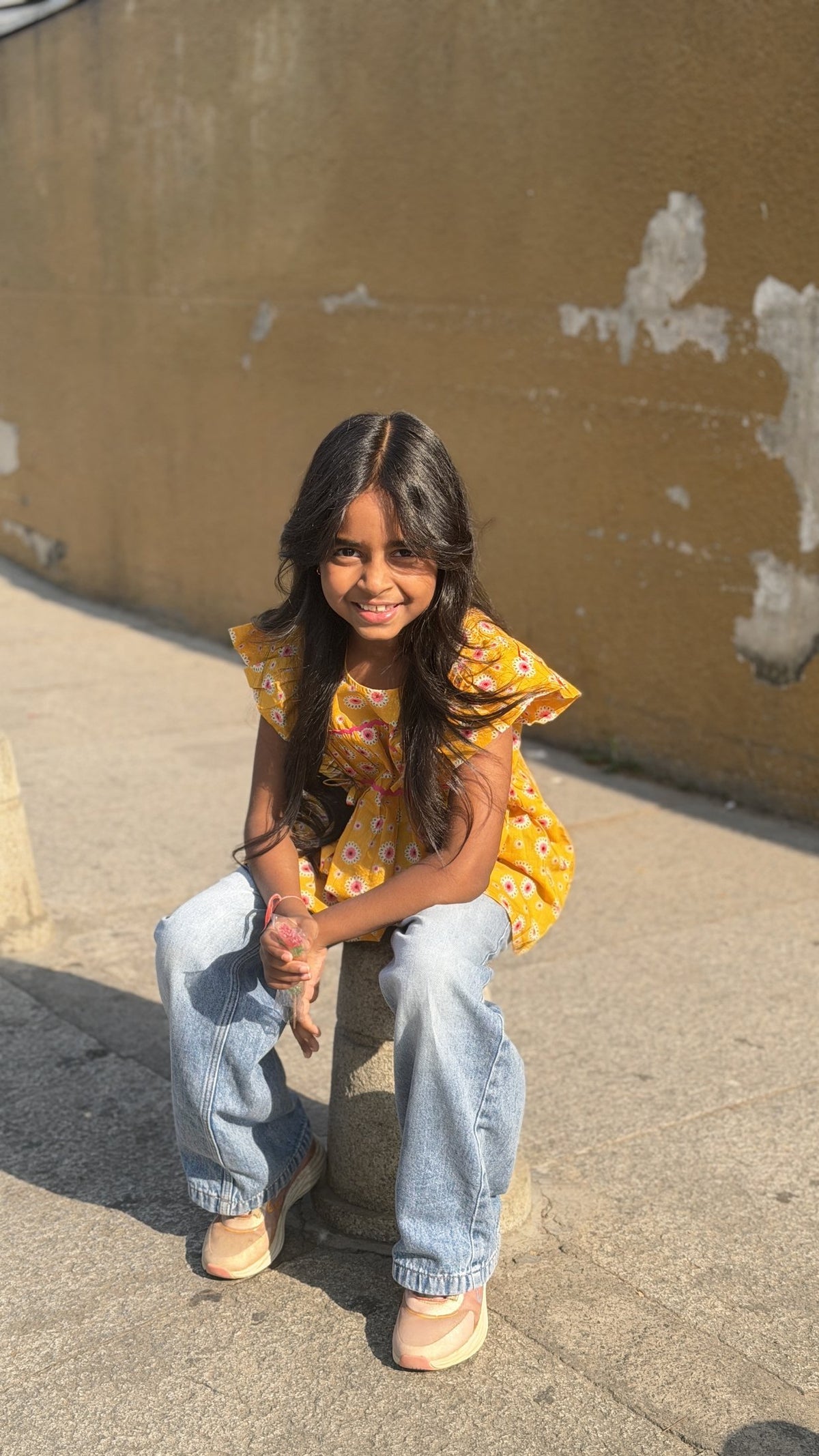Basic Tribe Pretty Wow Yellow Floral Cotton Top for Girls — Yellow with pink floral print