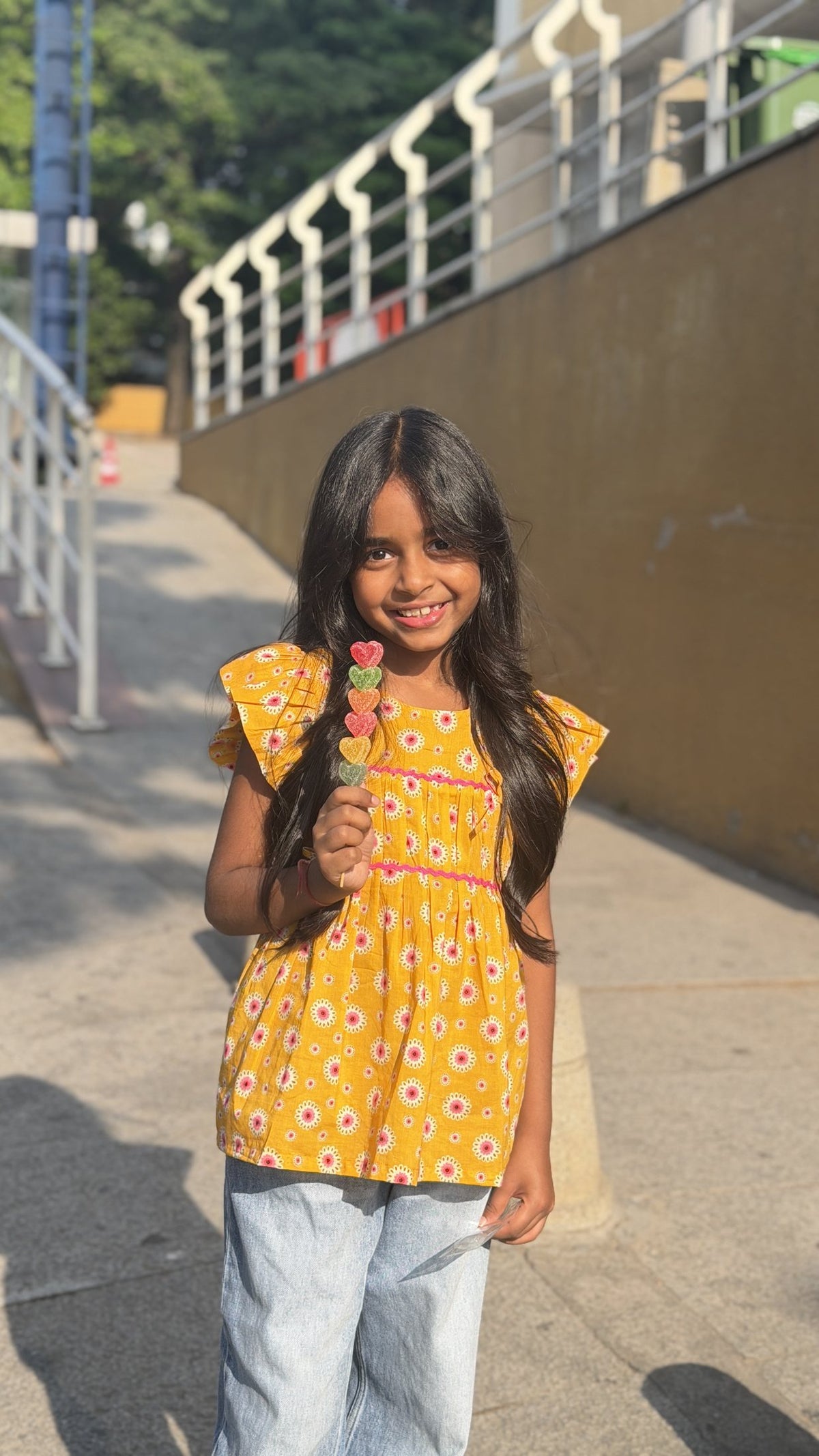 Basic Tribe Pretty Wow Yellow Floral Cotton Top for Girls — Yellow with pink floral print