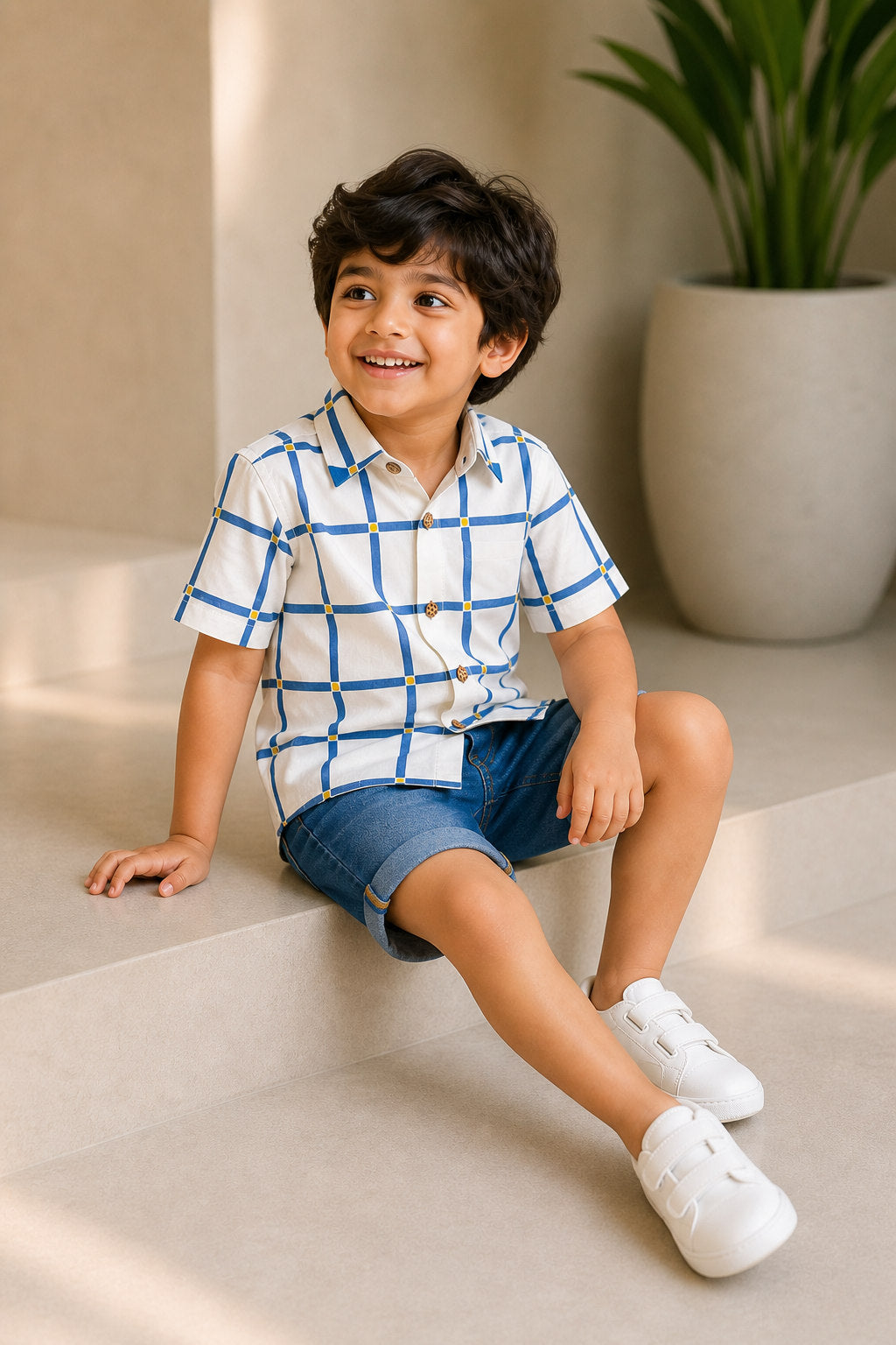 Basic Tribe Checkmate Blue Checked Cotton Shirt for Boys
