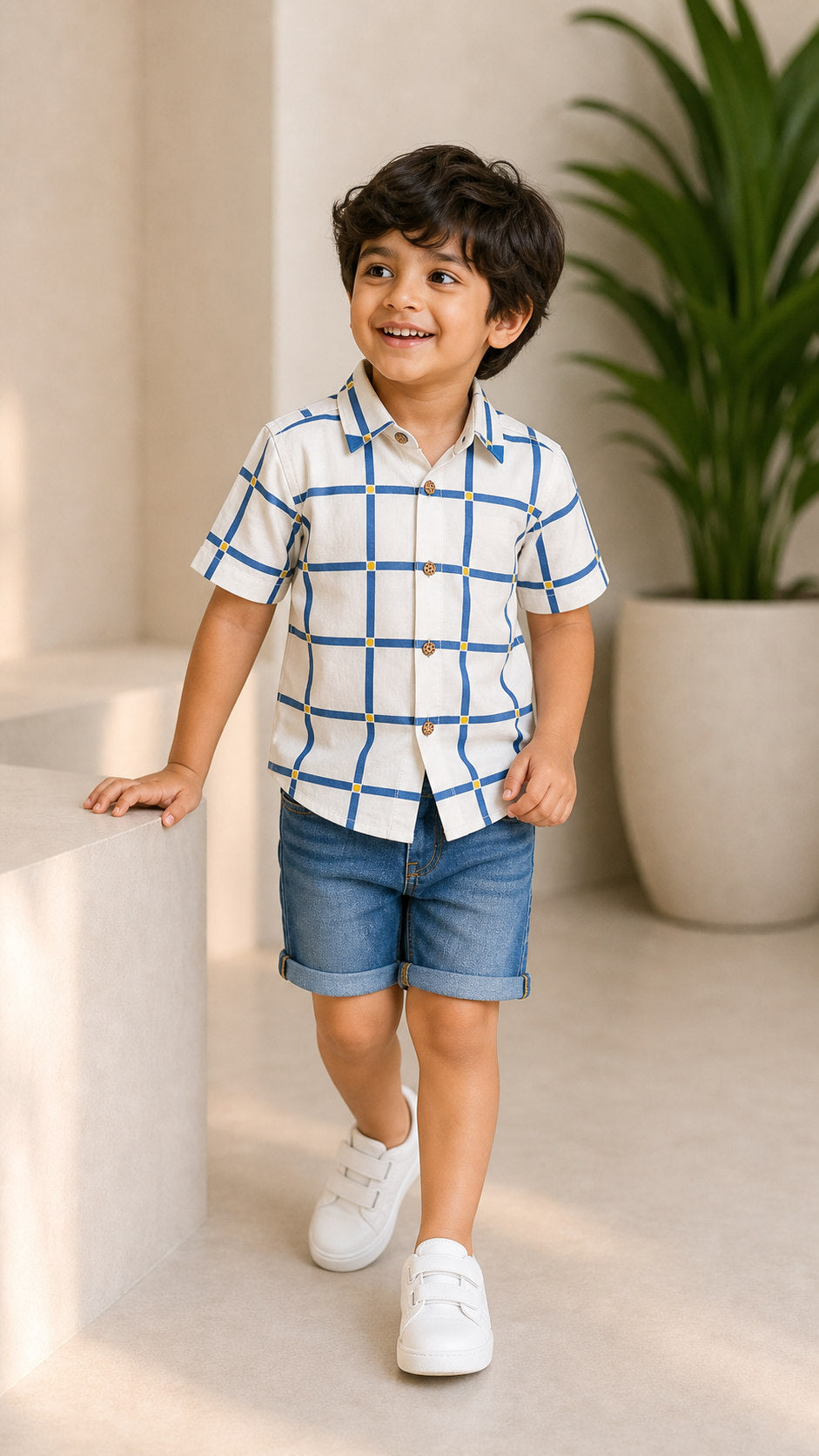 Basic Tribe Checkmate Blue Checked Cotton Shirt for Boys