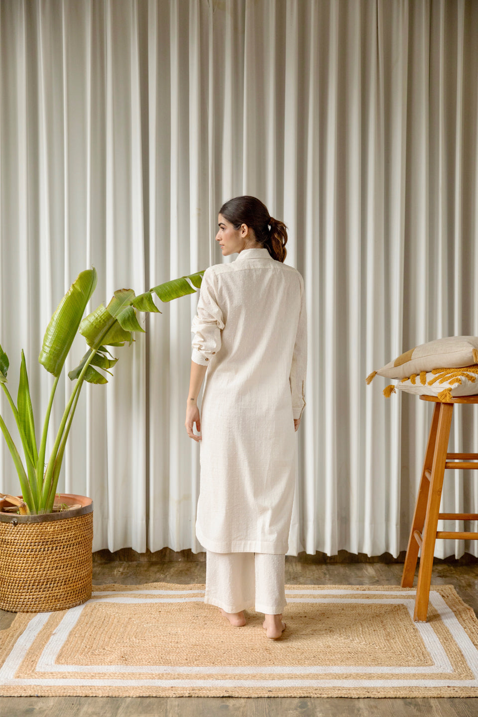 Off-White Cotton Weaved Co-ord Set (Set of Two) by Kapraaha - view 5