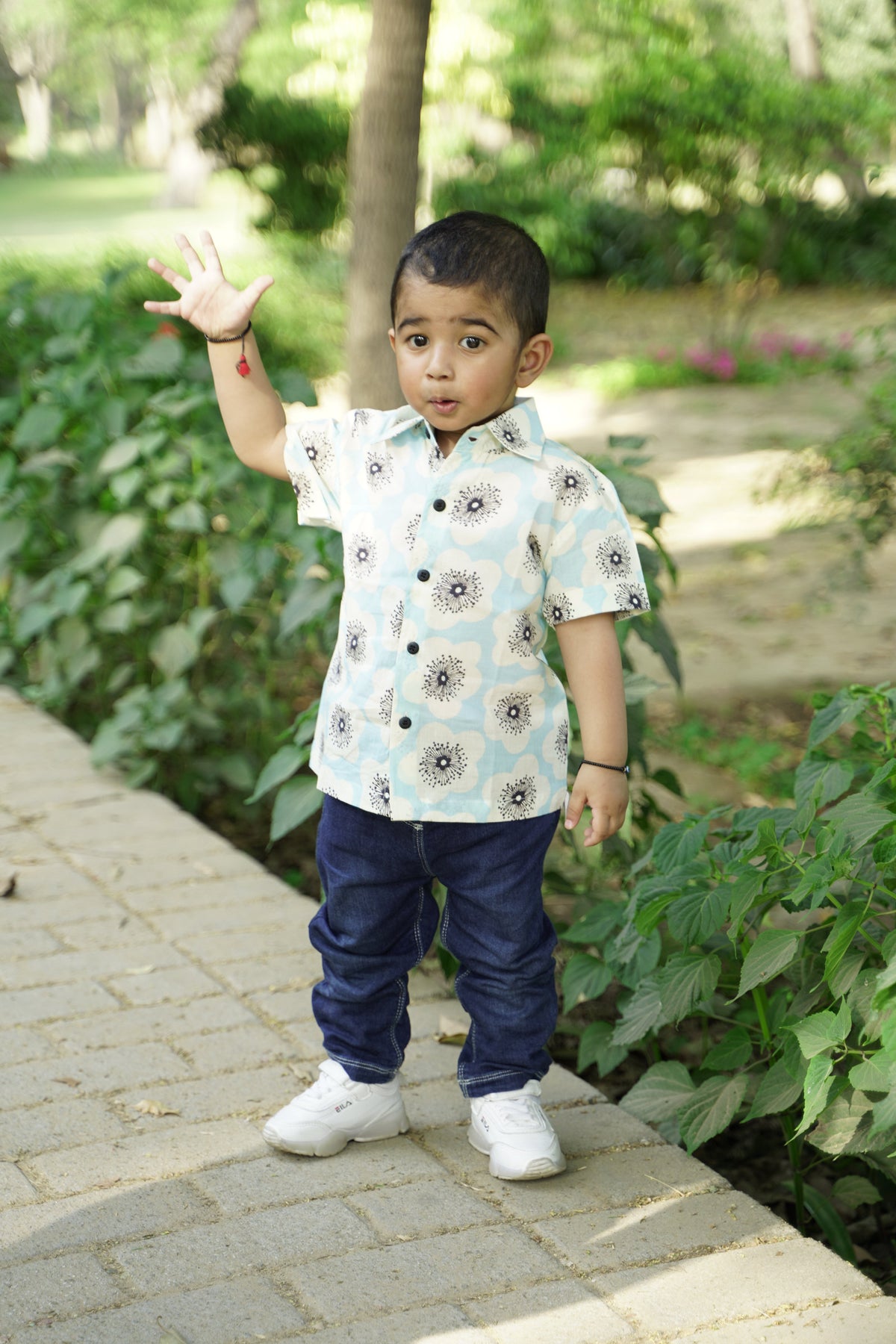 Basic Tribe Farhan Blue Floral Cotton Shirt for Boys — White shirt with blue floral design