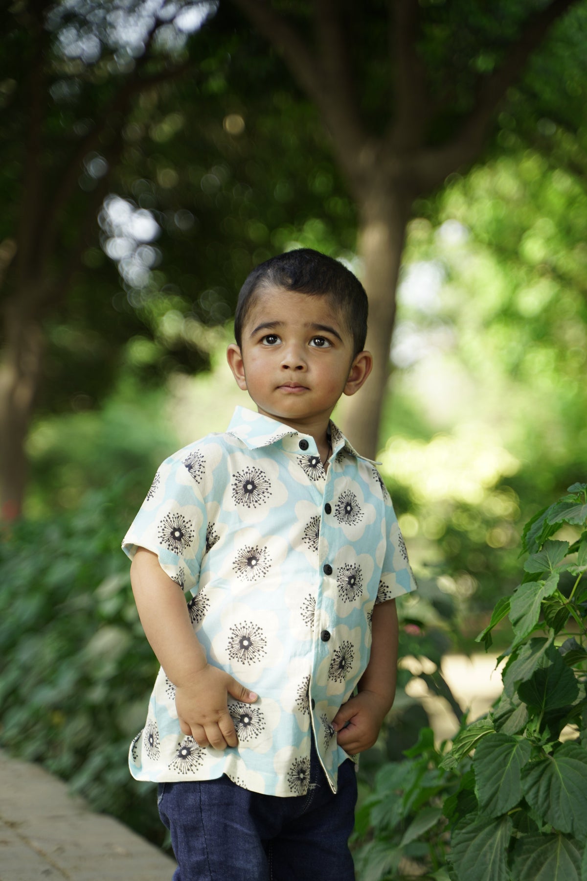 Basic Tribe Farhan Blue Floral Cotton Shirt for Boys — White shirt with blue floral design
