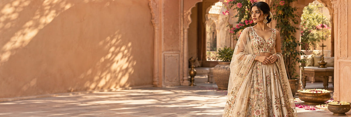 Woman in embroidered occasionwear at a sunlit Jaipur courtyard