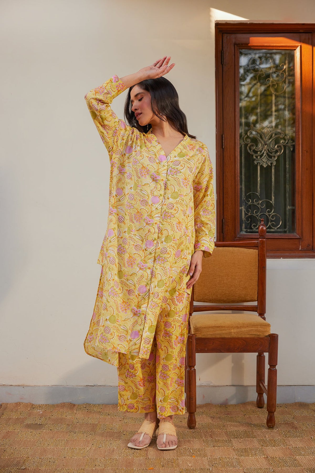 Yellow Floral Muslin Tunic Co-Ord Set (Set of 2)
