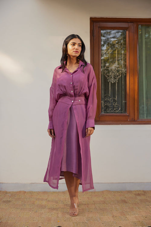 Purple Solid Organza Jacket Set (Set of Two) by Kapraaha - view 1