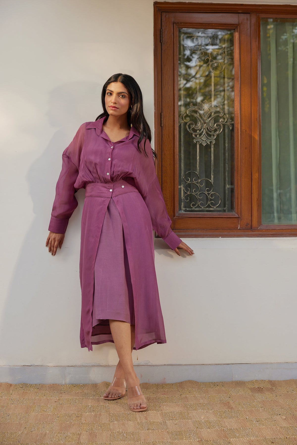 Purple Solid Organza Jacket Set (Set of Two) by Kapraaha - view 8