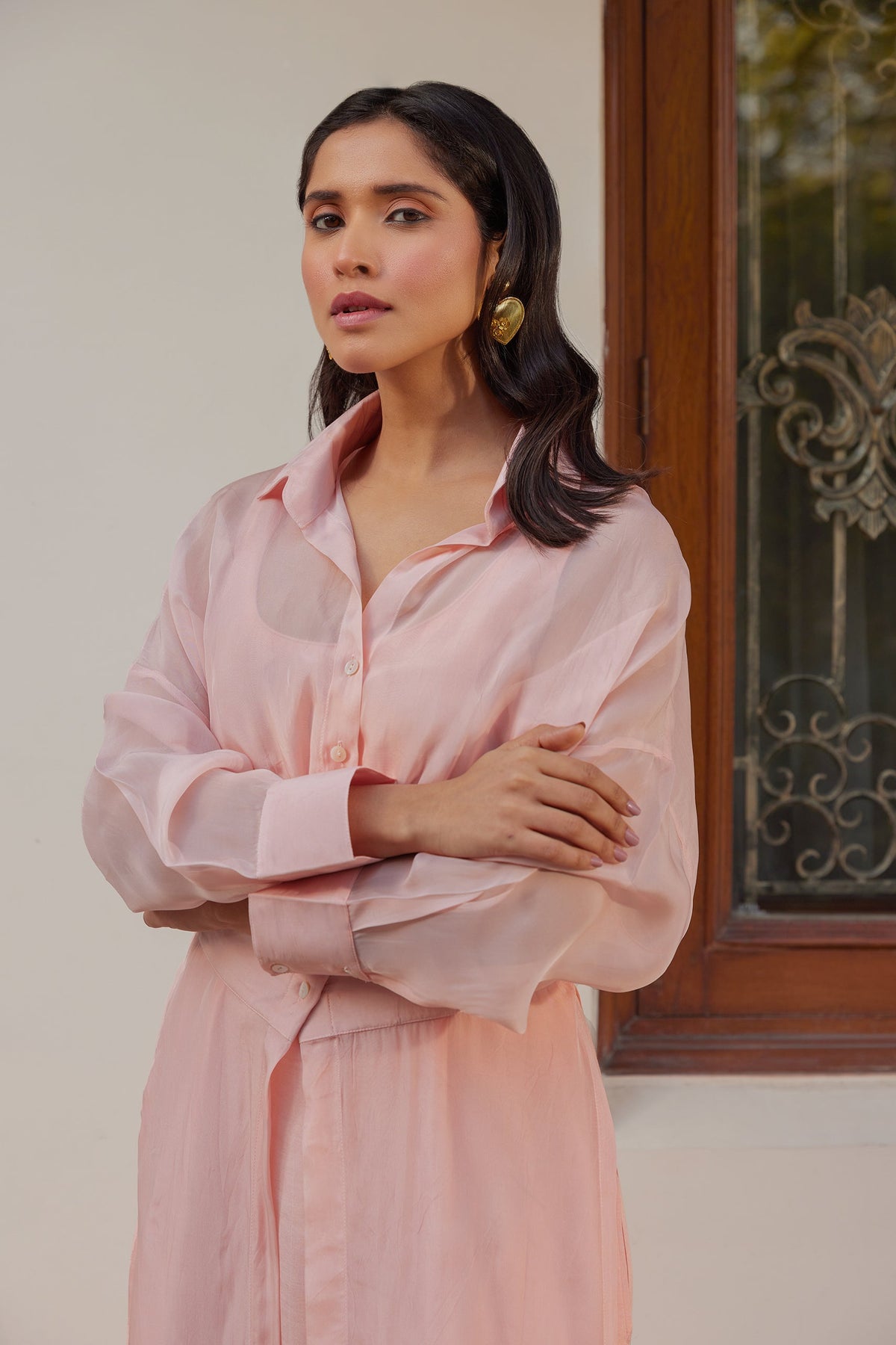 Blush Pink Solid Organza Jacket Set (Set of Two) by Kapraaha - view 4
